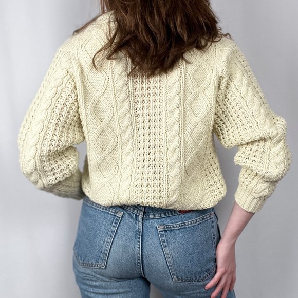 Vintage Cable Knit Oversized Fishermans Grandpa V-Neck Ribbed Preppy Sweater Top - Picture 5 of 8